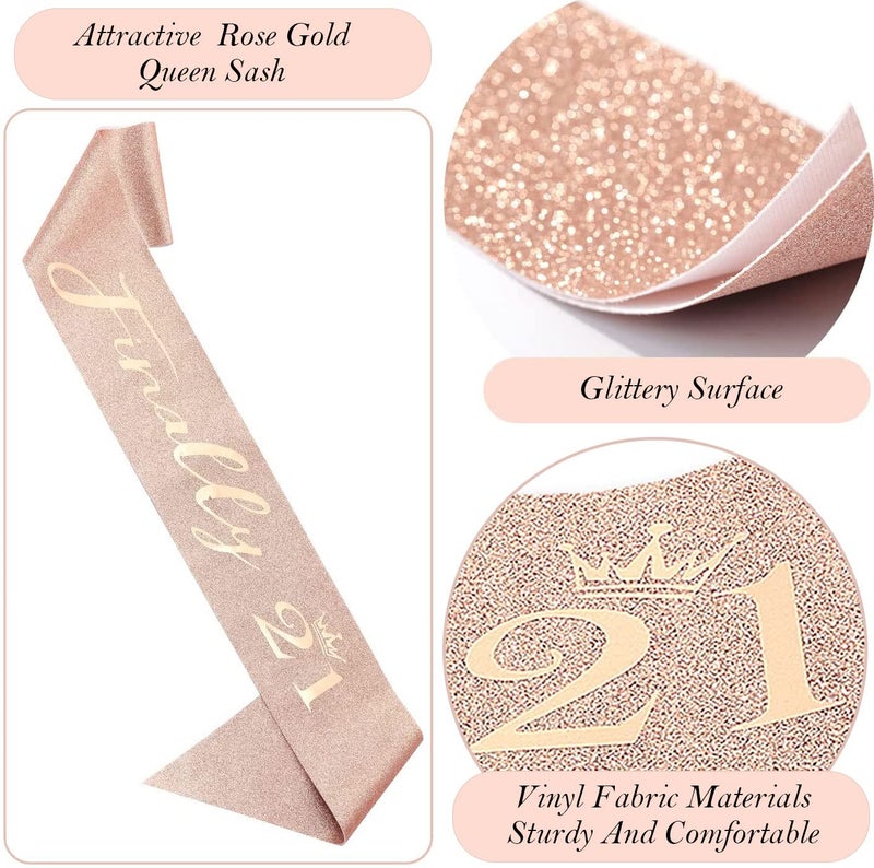 Awfrky 21st Birthday Gifts Decorations for Her  Including 21st Happy Birthday Cake Toppers  Birthday Queen Sash with Pearl Pin  Sweet Rhinestone Tiara Crown  Number Candles and Balloons Set  Rose Gold - Image 4